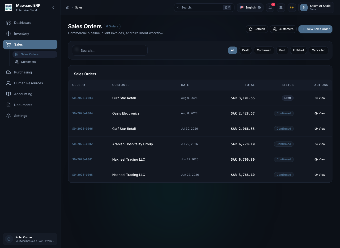 Mawaard ERP sales orders